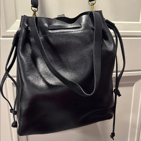 Madewell Black Leather Drawstring Transport Tote - Picture 2 of 5